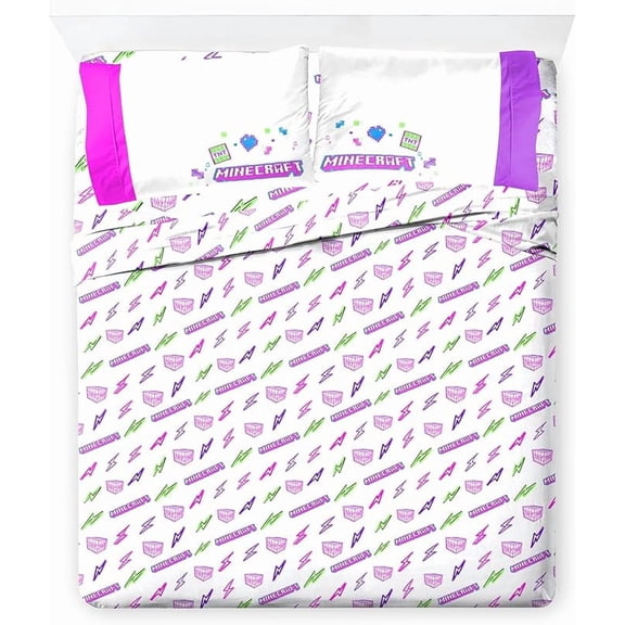 Minecraft Cyber Neon 4 Piece Full Size Bed Sheets Set - Girl Gaming Bedding