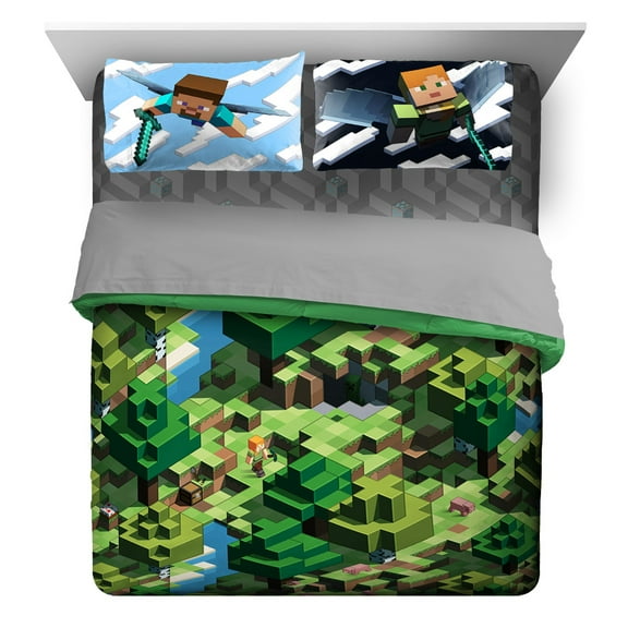 Minecraft Day & Night 7 piece Queen Bed Set with Sham, 100% Microfiber, Gaming Bedding