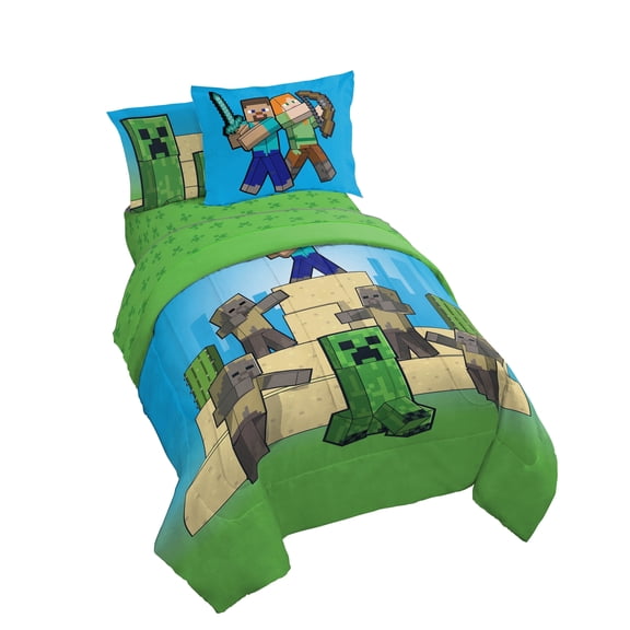 Minecraft Desert Mob Action 5 Piece Twin Size Kids Comforter Set with Sham - Gaming Bed Sets for Kids and Teens