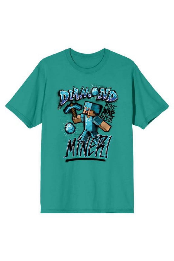 Minecraft Diamond Miner Wielding Pickaxe Men's Bright Aqua Graphic Tee-Small