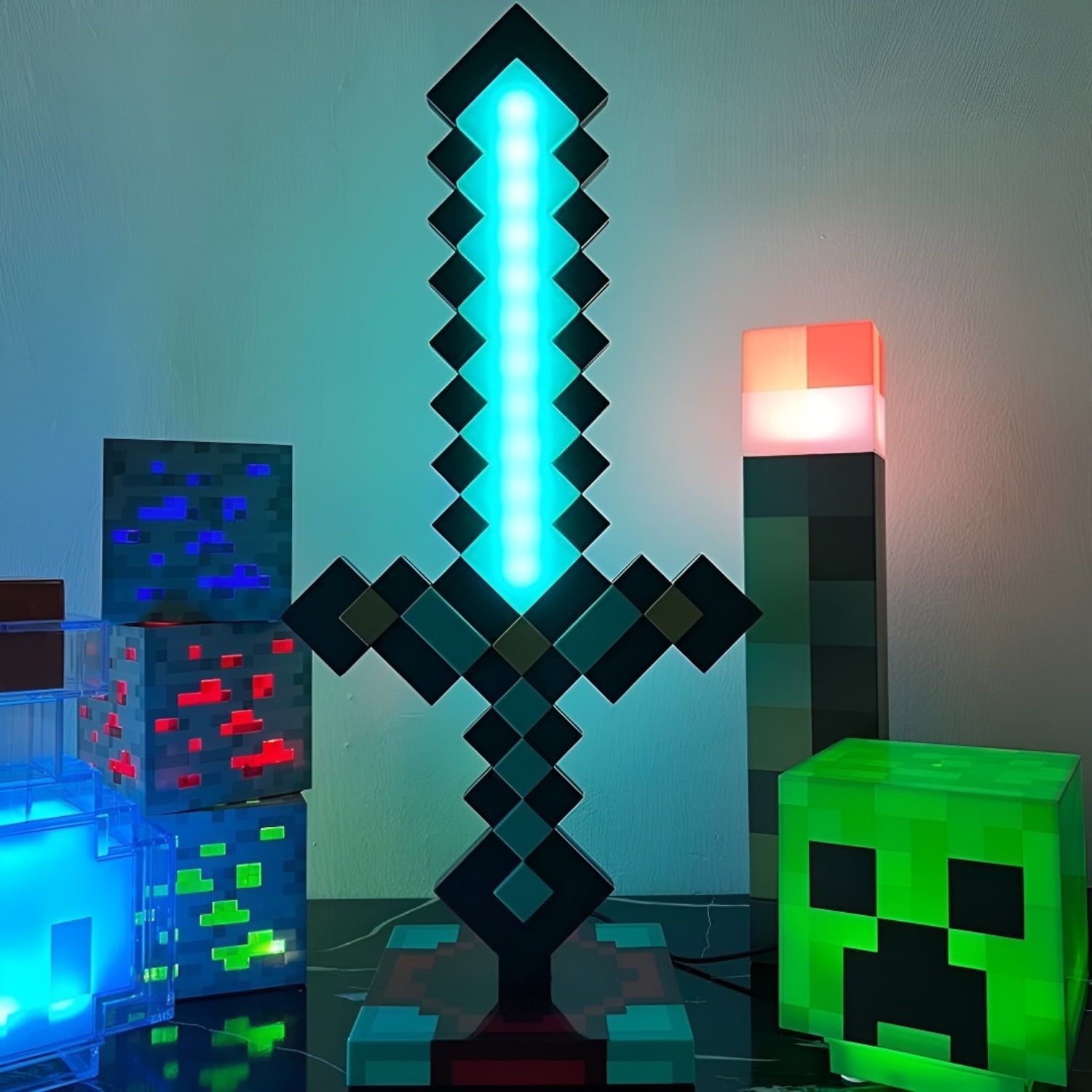 Minecraft Diamond Sword LED Night Light, RGB Rechargeable Laser Sword Lamp, Pixel Decor for Kids Bedroom or Gaming Desk, 15.16-Inch