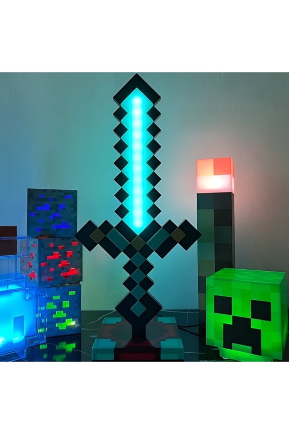 Diamond Sword LED Night Light, RGB Rechargeable Laser Sword Lamp, Pixel Decor for Kids Bedroom or Gaming Desk, 15.16-Inch