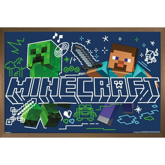Minecraft: Doodle - Steve & Creeper Variant Wall Poster, 14.725" x 22.375" Framed
