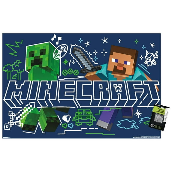 Minecraft: Doodle - Steve & Creeper Variant Wall Poster with Pushpins, 22.375" x 34"