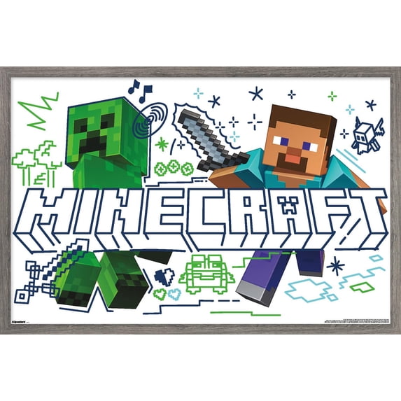 Minecraft: Doodle - Steve & Creeper Wall Poster, 22.375" x 34" Framed