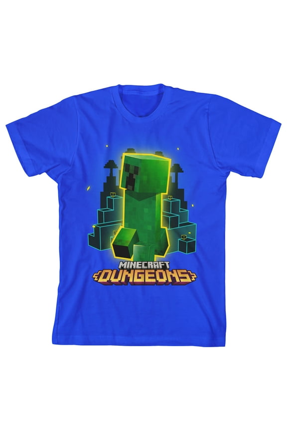 Minecraft Dungeons Creeper Graphic Boy's Royal Blue T-shirt-XS