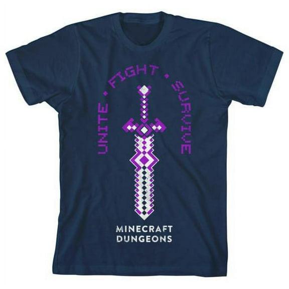 Minecraft Dungeons Sword Unite Fight Survive Boy's Navy T-shirt-Medium