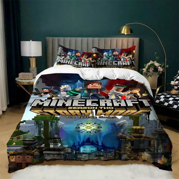 Minecraft Duvet Cover Set 3 Pieces Game Light-Weight Bedding Set Ultra Soft Comfortable Quilt Cover with Pillowsham