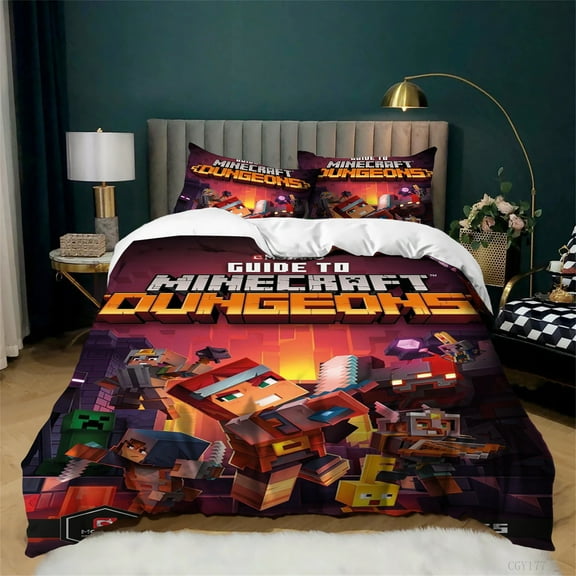 Minecraft Duvet Cover Set 3 Pieces Game Light-Weight Bedding Set Ultra Soft Comfortable Quilt Cover with Pillowsham