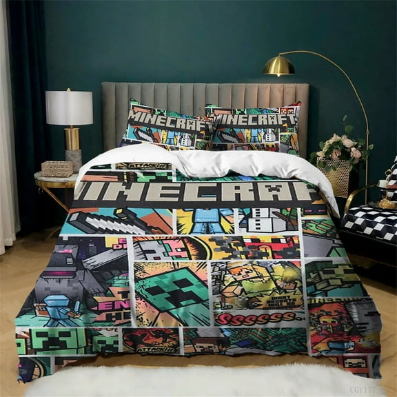 Minecraft Duvet Cover Set 3 Pieces Game Light-Weight Bedding Set Ultra Soft Comfortable Quilt Cover with Pillowsham