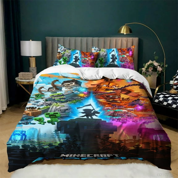 Minecraft Duvet Cover Set 3 Pieces Game Light-Weight Bedding Set Ultra Soft Comfortable Quilt Cover with Pillowsham