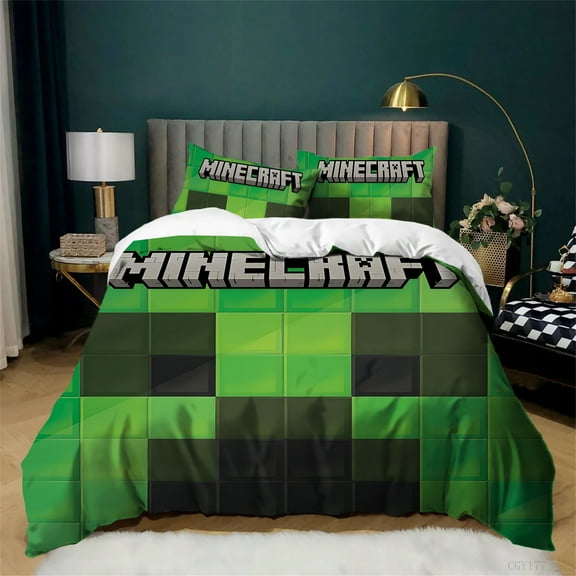 Minecraft Duvet Cover Set 3 Pieces Soft Breathable Bedding Set All Season Light-Weight Comforter Cover with Zipper Closure