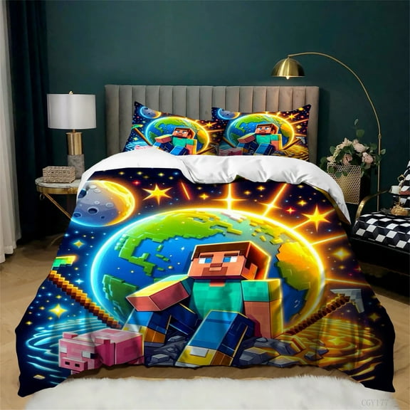 Minecraft Duvet Cover Set Ultra Soft Comfortable Bedding Set 3 Pieces Lightweight Quilt Cover with 2 Pillow Shams