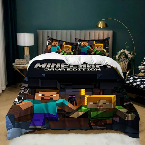 Minecraft Duvet Cover Set Ultra Soft Comfortable Bedding Set 3 Pieces Lightweight Quilt Cover with 2 Pillow Shams