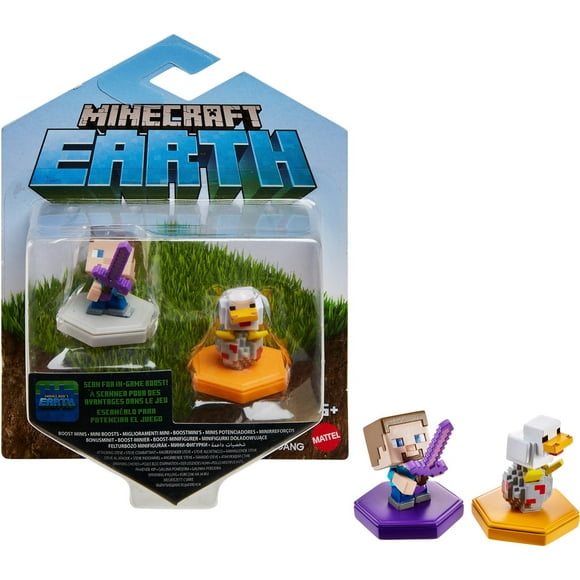 Minecraft Earth Boost Mini Attacking Steve & Spawning Chicken Figure 2-Pack, NFC Chip Enabled For Play With Minecraft Earth Augmented Reality Mobile Device Game, Toys For Girls And Boys Age 6 And Up