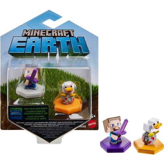 Minecraft Earth Boost Mini Attacking Steve & Spawning Chicken Figure 2-Pack, NFC Chip Enabled For Play With Minecraft Earth Augmented Reality Mobile Device Game, Toys For Girls And Boys Age 6 And Up
