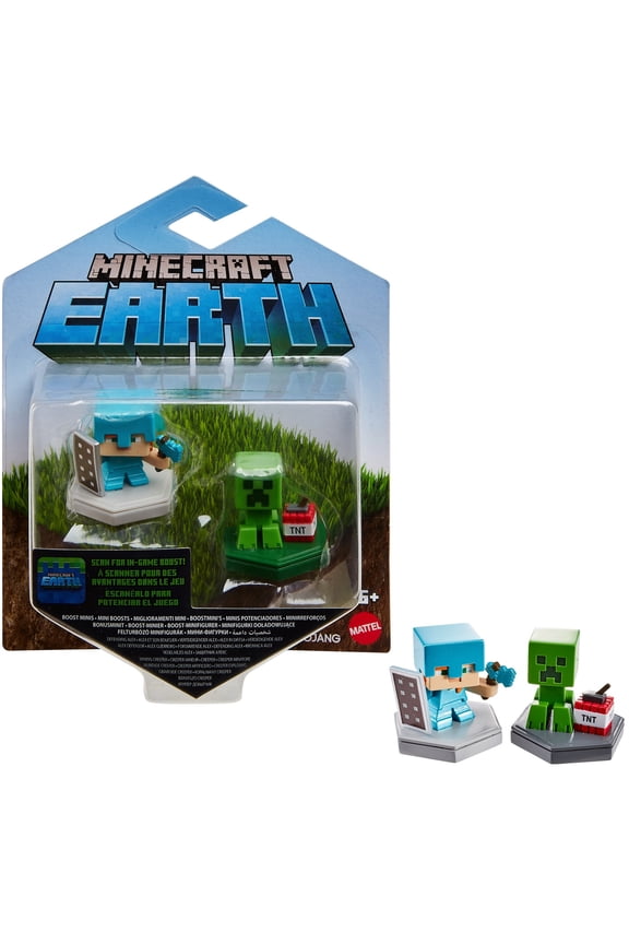 Earth Boost Mini Defending Alex & Mining Creeper Figure 2-Pack, NFC Chip Enabled For Play With Minecraft Earth Augmented Reality Mobile Device Game, Toys For Girls And Boys Age 6 And Up