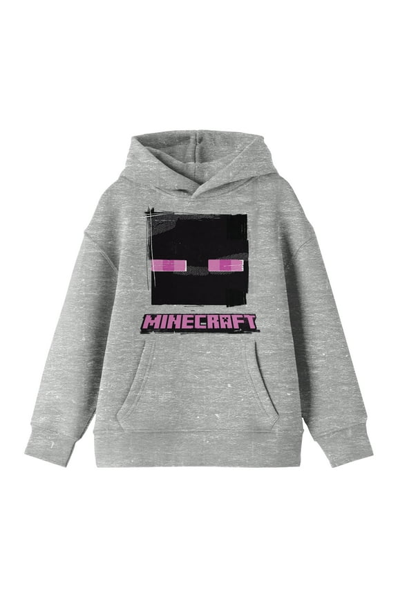Minecraft Enderman Face Long Sleeve Athletic Heather Youth Hooded Sweatshirt-Large