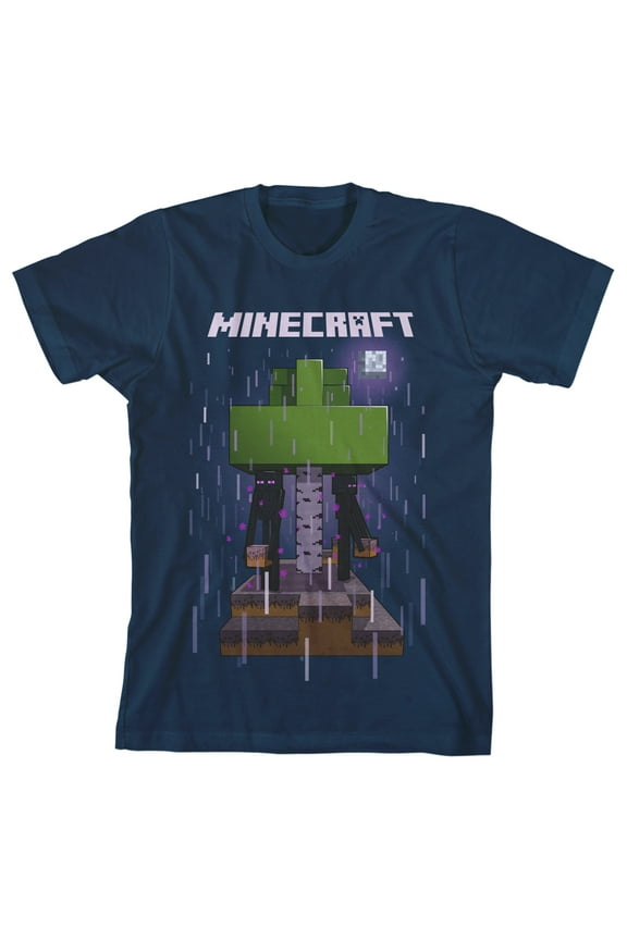 Minecraft Enderman In Rain Boy's Navy Blue T-shirt-Medium