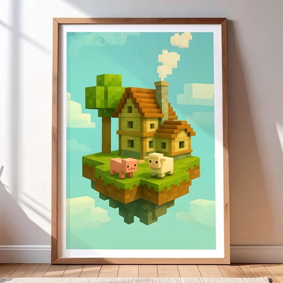 Minecraft Farmhouse Floating Island Poster – Pixel Village Animal Wall Art Gaming Room Decor Print 8x12 UNFRAMDE