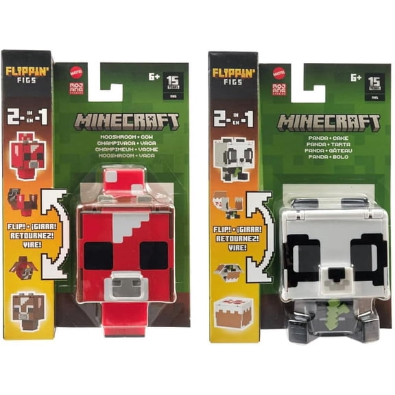 Minecraft Flippin' Figs 2-in-1 Figure Set, Mooshroom & Cow and Panda & Cake, Ages 6+