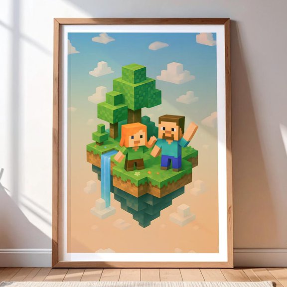 Minecraft Floating Island Friends Poster Wall Art – Pixel Character Adventure Gaming Room Decor Print 12x18 UNFRAMDE
