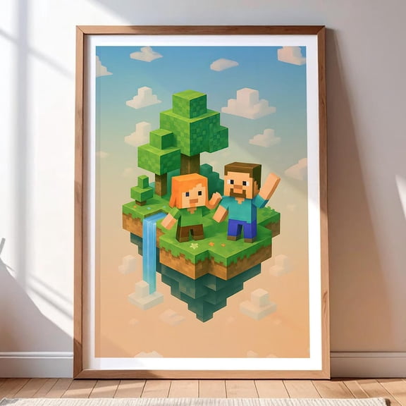 Minecraft Floating Island Friends Poster Wall Art – Pixel Character Adventure Gaming Room Decor Print 16x24 UNFRAMDE