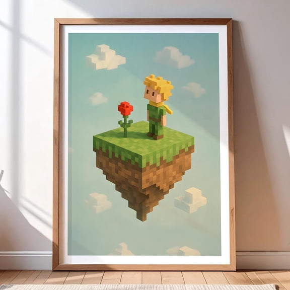 Minecraft Floating Island Poster Wall Art – Minimal Pixel Character Landscape Gaming Room Decor Print 16x24 UNFRAMDE