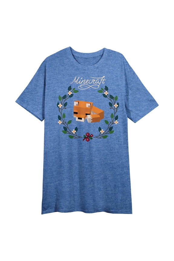 Minecraft Fox Crew Neck Short Sleeve Blue Heather Women's Night Shirt
-Medium