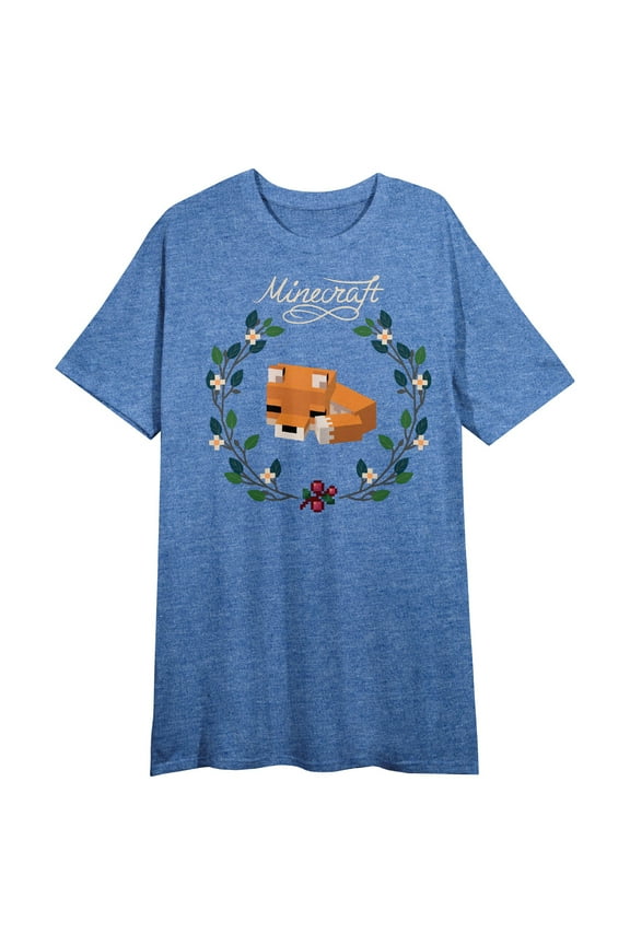 Minecraft Fox Crew Neck Short Sleeve Blue Heather Women's Night Shirt 
-Small