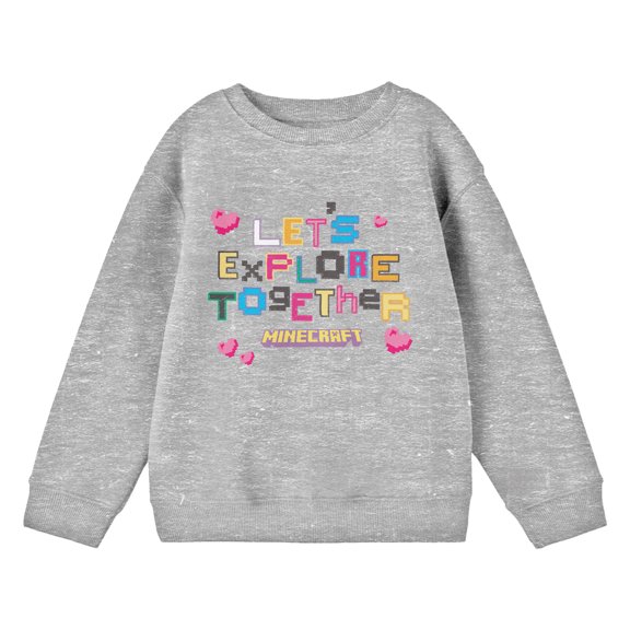 Minecraft Franchise Let's Explore Together Youth Heather Gray Crew Neck Sweatshirt-XS