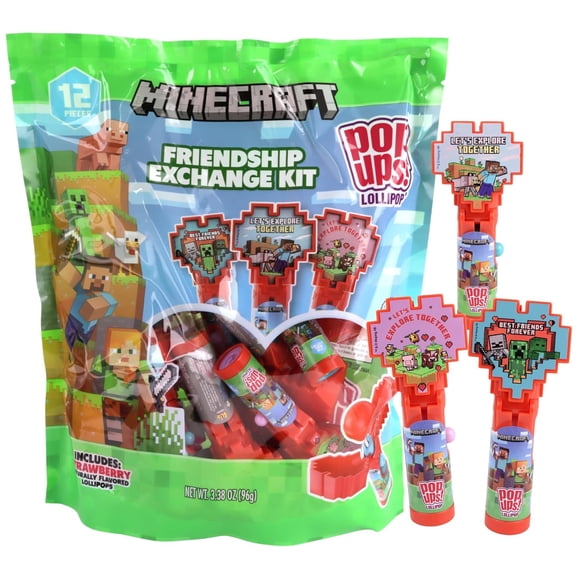 Minecraft Friendship Exchange Kit with Lollipop Holders, 12 Count, Strawberry