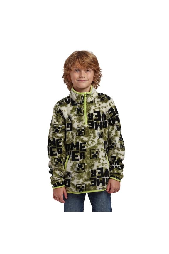 Minecraft Game Over Boy's White & Green Quarter Zip Jacket -8