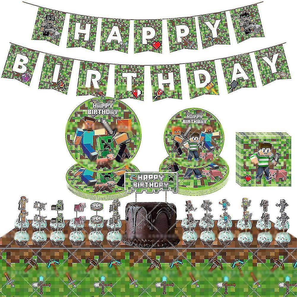 Minecraft Game Theme Birthday Party Supplies For Kids Includes Banner Tablecloth Plates Napkins Cupcake Toppers Decor Set