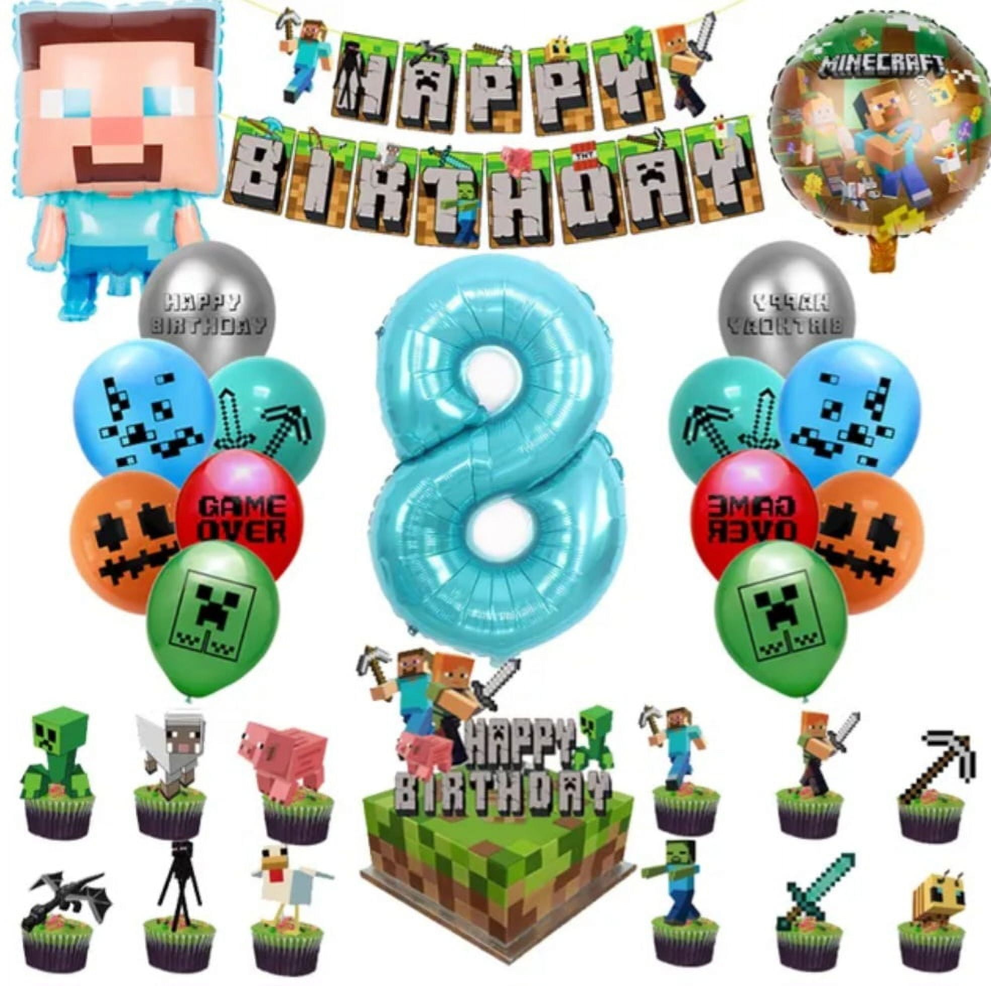 QUEEN OF THE CASTLE Minecraft Gaming Party Balloons with Age Number Balloon and Birthday Cake/Banner Decor Gamer Party Favors 8 years