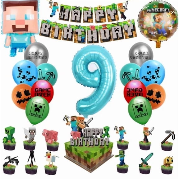 Minecraft Gaming Party Balloons with Age Number Balloon and Birthday Cake/Banner Decor Gamer Party Favors 9 years-Chengyu