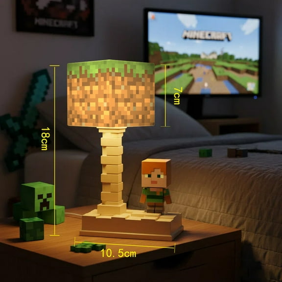 Minecraft Grass Block Night Light with Type-C Charging, 5-Level Light Modes, Pixel Cube LED Lamp for Kids Room & Gamer Decor