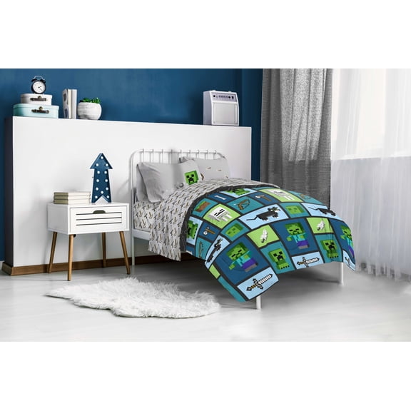 Minecraft Green/Blue Collage Kids Bed-in-a-Bag Bedding Set w/ Reversible Comforter, Gaming Bedding
