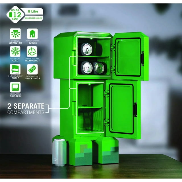 Minecraft Green Creeper Body 12 Can Mini Fridge with 2 Door, Ambient Lighting