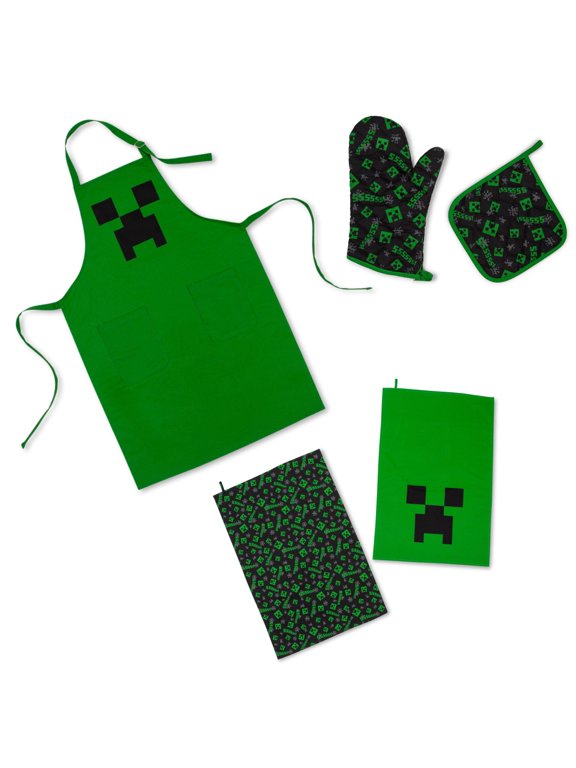 Green Creeper Kitchen Set | Apron, Oven Mitt, Dish Towels, Pot Holder