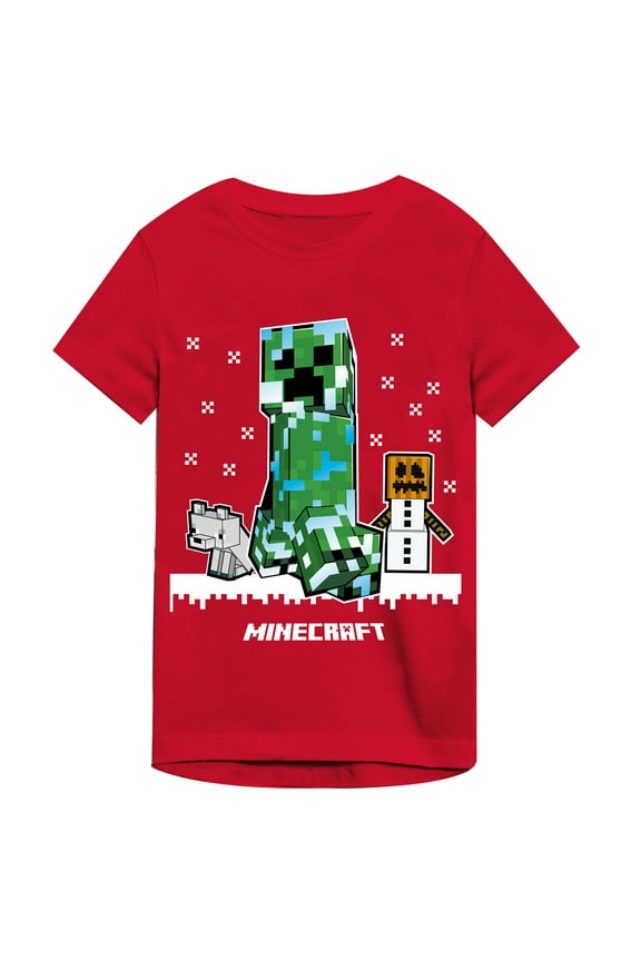 Minecraft Holiday Theme Boy's Red T-shirt-Medium