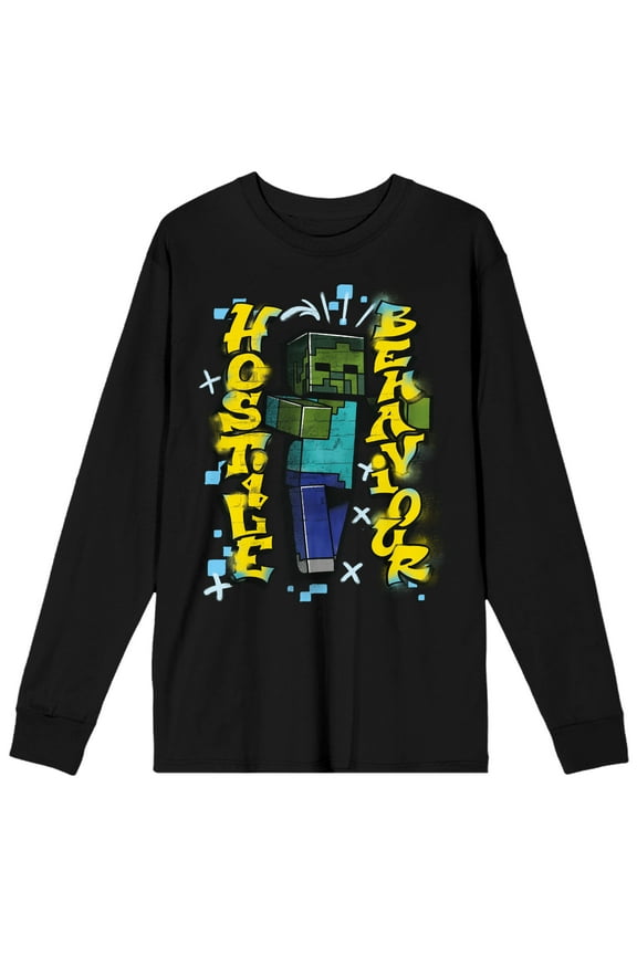 Minecraft Hostile Behaviour Zombie Men's Black Long Sleeve Shirt-Large