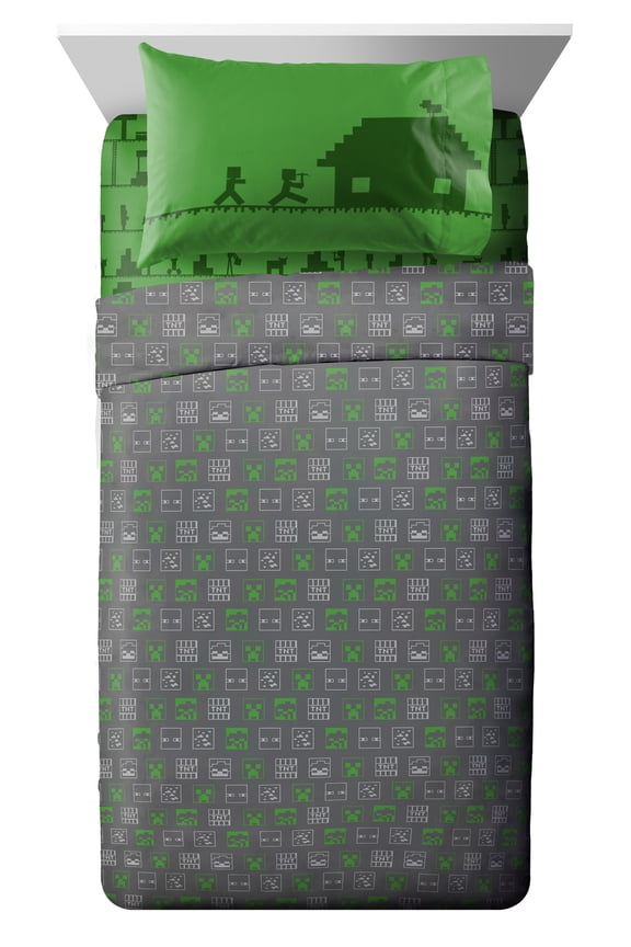 Icon Adventure Kids 4-Piece Full Sheet Set, Microfiber, Green, Mojang