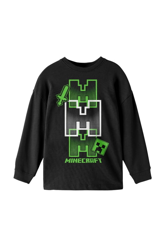 Minecraft Icon Repeated Boy's Black Long Sleeve Shirt-XL