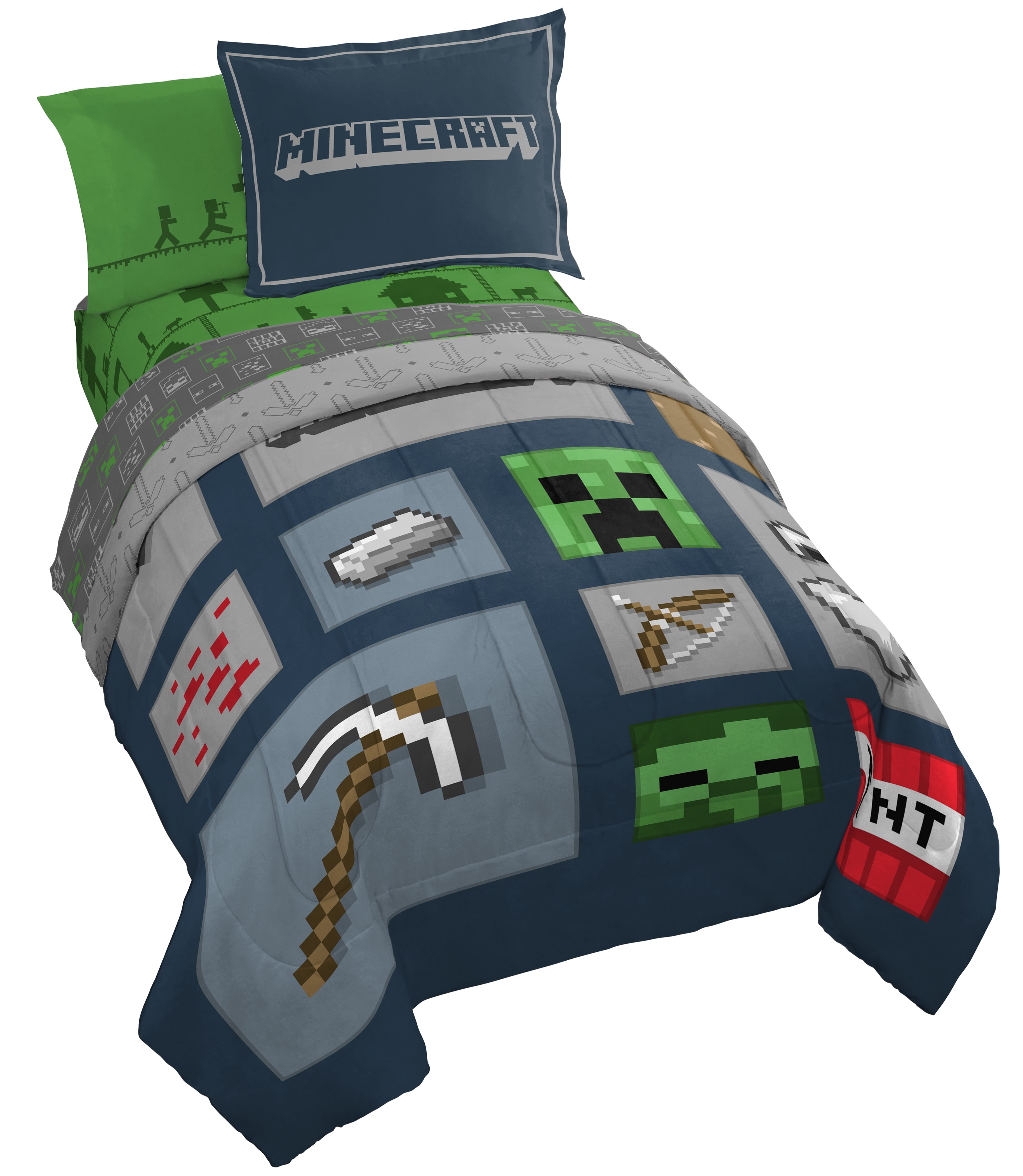 Minecraft Icons Adventure Kids 2-Piece Twin/Full Reversible Comforter and Sham Bedding Set, Microfiber, Green, Mojang, Gaming Bedding