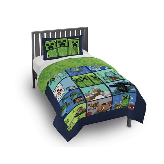 Minecraft Kids 2 Piece Green Reversible Comforter and Pillowcase Bedding Set, Twin/Full