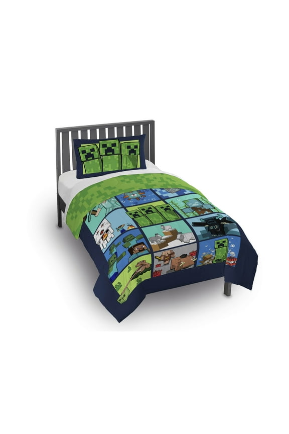 Minecraft Kids 2 Piece Green Reversible Comforter and Pillowcase Bedding Set, Twin/Full