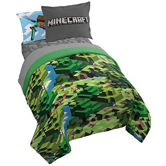 Minecraft Kids 4 Pieces Green Bed-in-a-Bag, 100% Microfiber, Gaming Bedding, Full