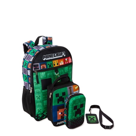 Minecraft Kids’ Backpack with Lunch Bag 4-Piece Set Green Black
