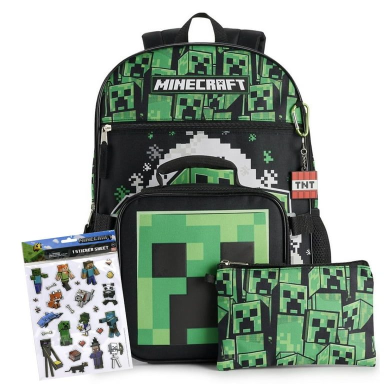 Minecraft Kids Backpack with Lunch Bag 6 Piece Set Green Black